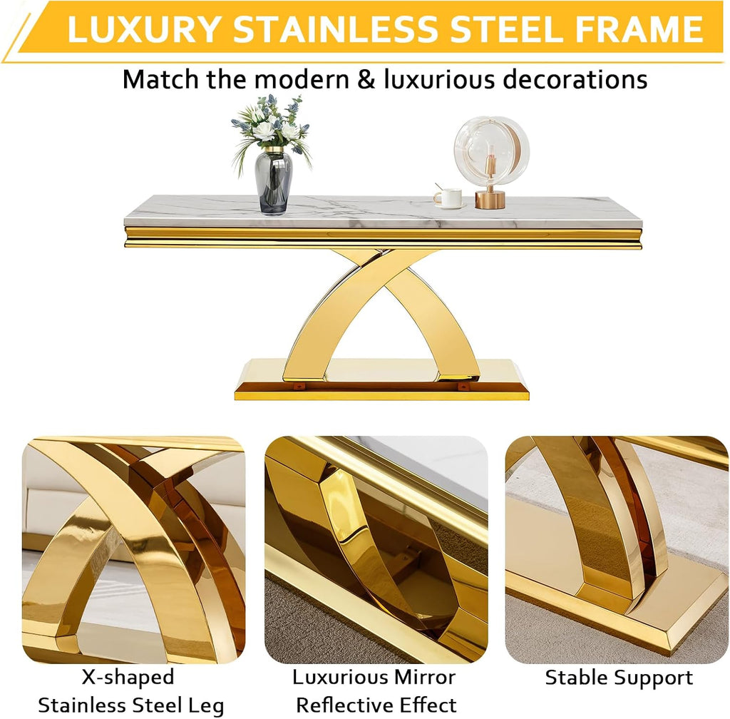 3 Pieces Coffee Table Set, Faux Marble Living Room Table Set of 3, Modern Coffee Table, Console Table and End Table with X-Shaped Stainless Steel Base for Living Room (White Gold)