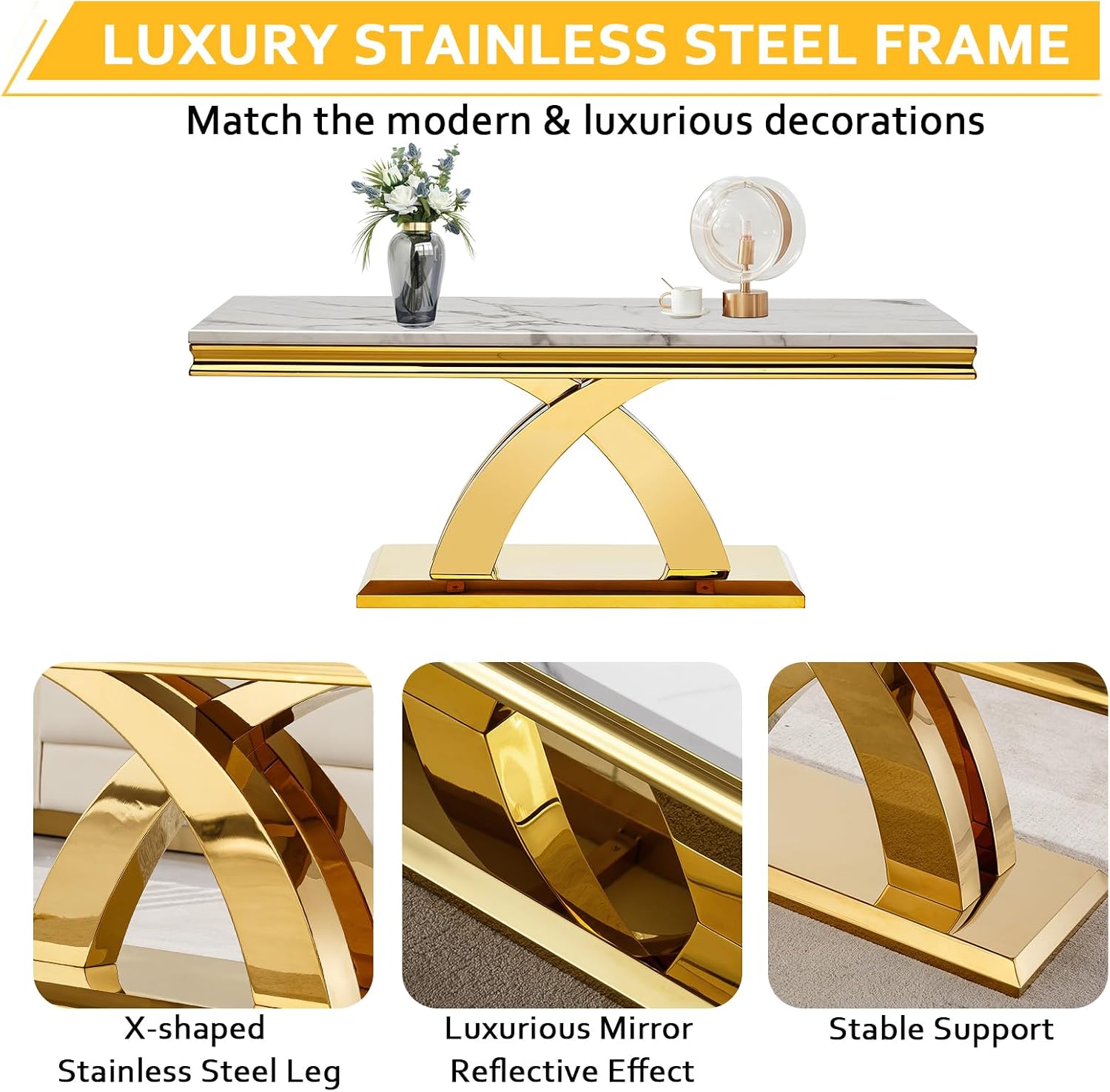 3 Pieces Coffee Table Set, Faux Marble Living Room Table Set of 3, Modern Coffee Table, Console Table and End Table with X-Shaped Stainless Steel Base for Living Room (White Gold)