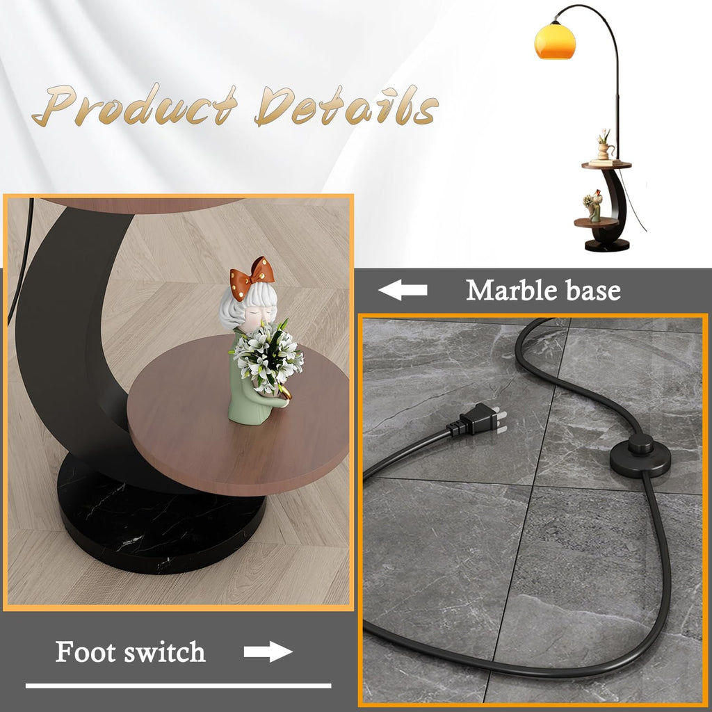 Bofea-Arc Floor Lamps for Living Room,Black Floor Lamp with Table | Wood End Side Table with Lamp,Adjustable Orange Lamps Over Sofa,Warm Lighting,Mid Century Standing Light for Couch
