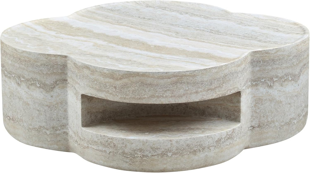 WILLIAMSPACE 31.5' Faux Marble Coffee Table with Four‑Leaf Clover-Shaped, Modern Mars-Pattern Fiberglass Faux Stone Center Table Accent Tea Table for Living Room, No Assembly (Beige)