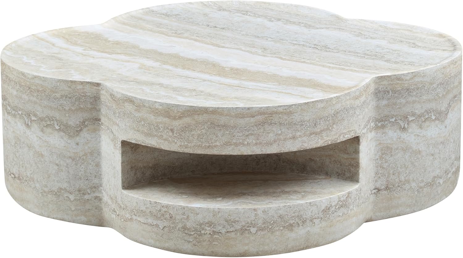 WILLIAMSPACE 31.5' Faux Marble Coffee Table with Four‑Leaf Clover-Shaped, Modern Mars-Pattern Fiberglass Faux Stone Center Table Accent Tea Table for Living Room, No Assembly (Beige)