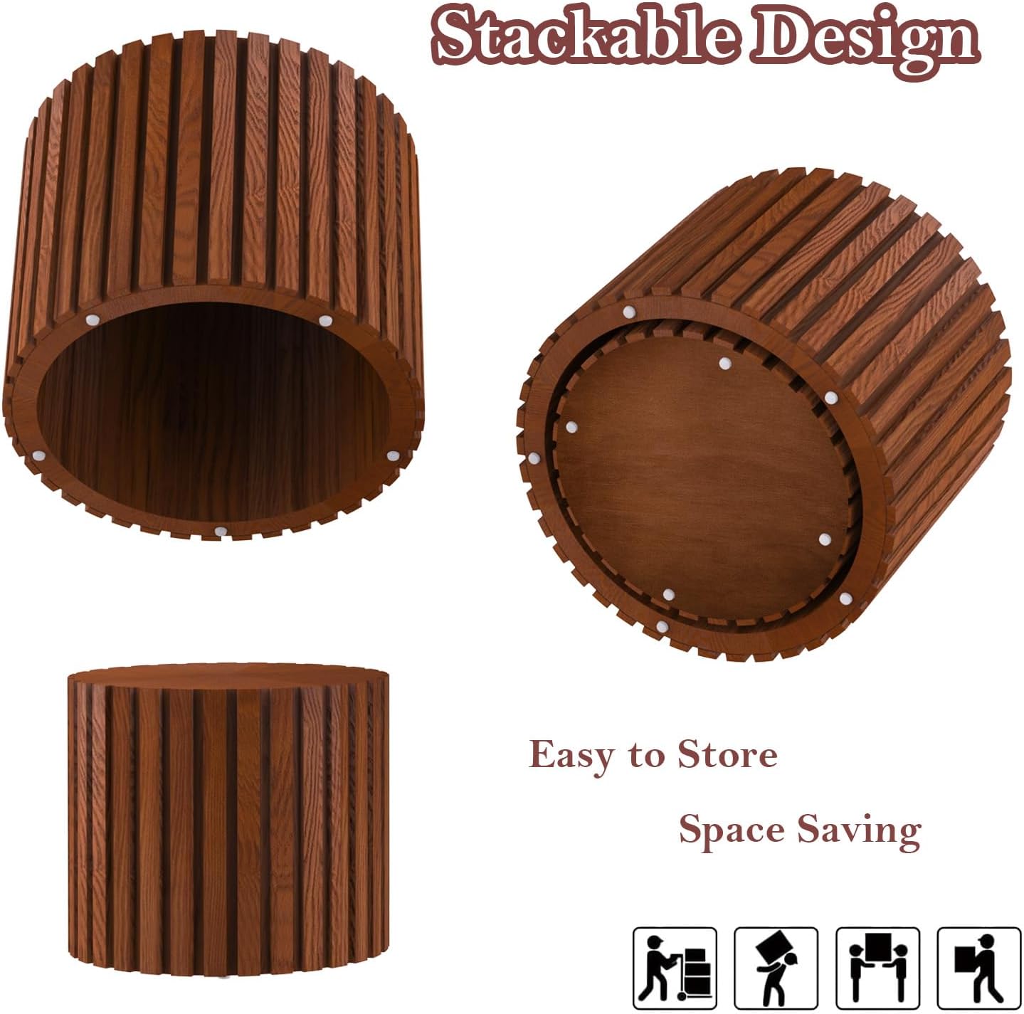 Handcraft Round Nesting Coffee Table - Chic Wave Stripe Edge, Modern Stylish Walnut Wooden Circle Fluted Center Table for Living Room (18.9IN+15IN)