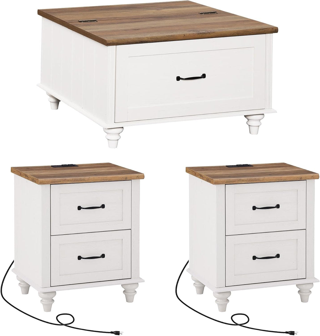 WAMPAT 3 Pieces Living Room Table Set, Set of 2 Nightstands Side Tables with Charging Station, One Square Coffee Table with Lift Top & Cabinet, White