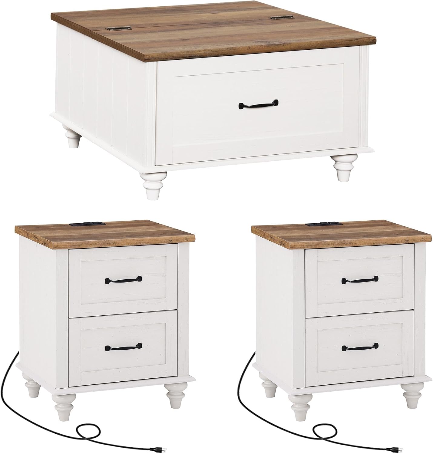 WAMPAT 3 Pieces Living Room Table Set, Set of 2 Nightstands Side Tables with Charging Station, One Square Coffee Table with Lift Top & Cabinet, White