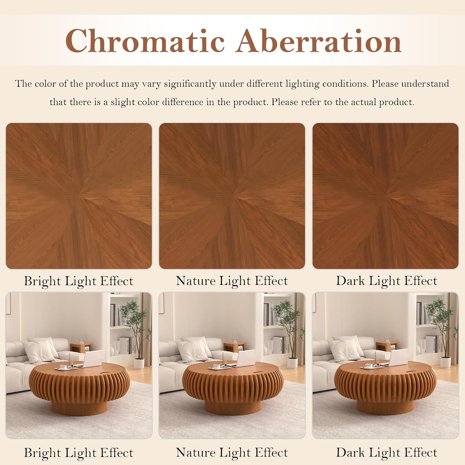 31.5' Round Fluted Coffee Table with Storage Unique Contemporary Wood Low Circle Drum Tea Tables - Sturdy Pedestal for Small Space (J Brown 31.5in)