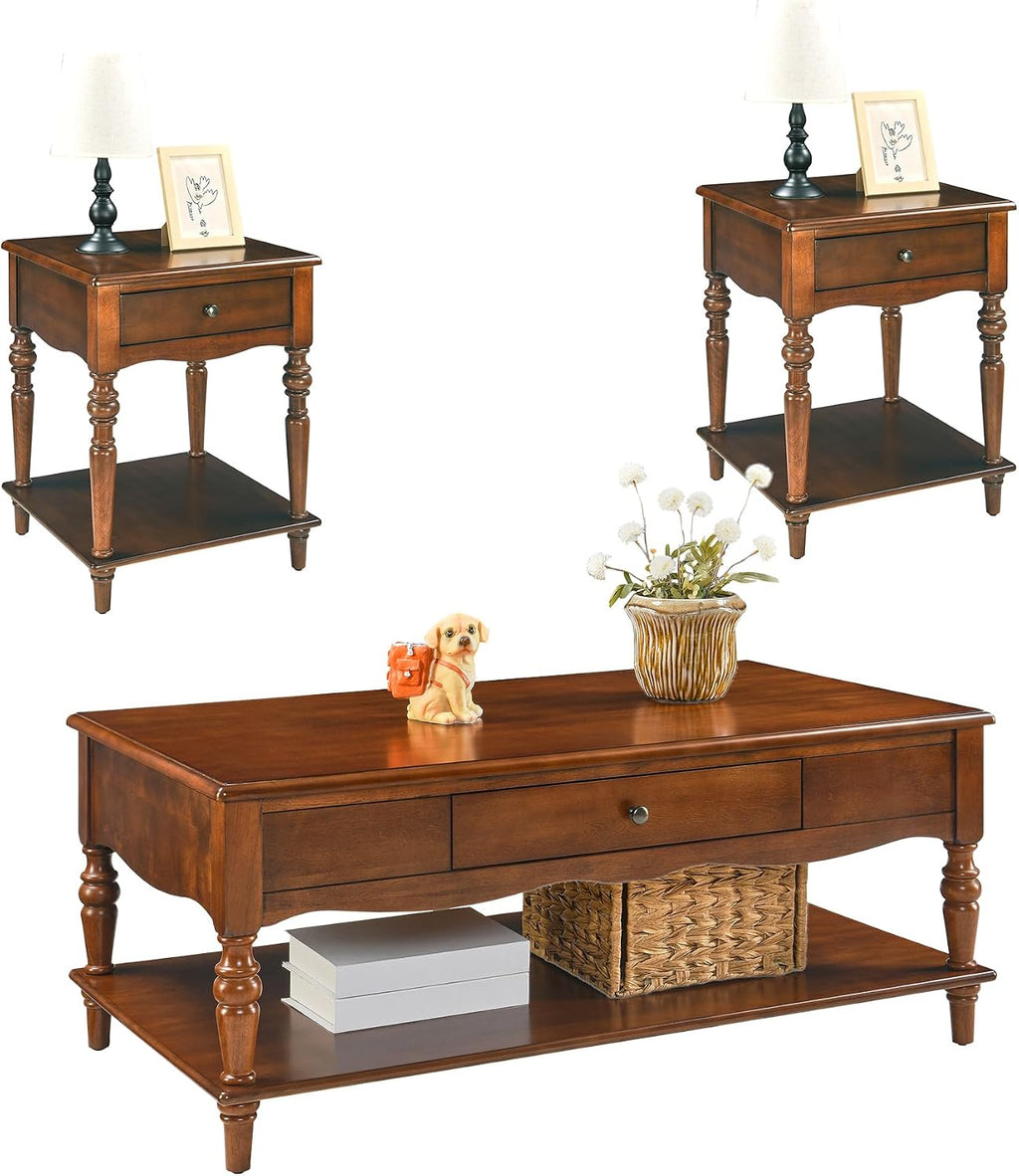 Living Room Table Set-One Rectangular Coffee Table and Two Square End Tables with Storage Drawer, Elegant Vintage Sofa Center Table with Wood Carved legs, No-Tools Assembly, Caramel Brown KFZ-BZ-C008
