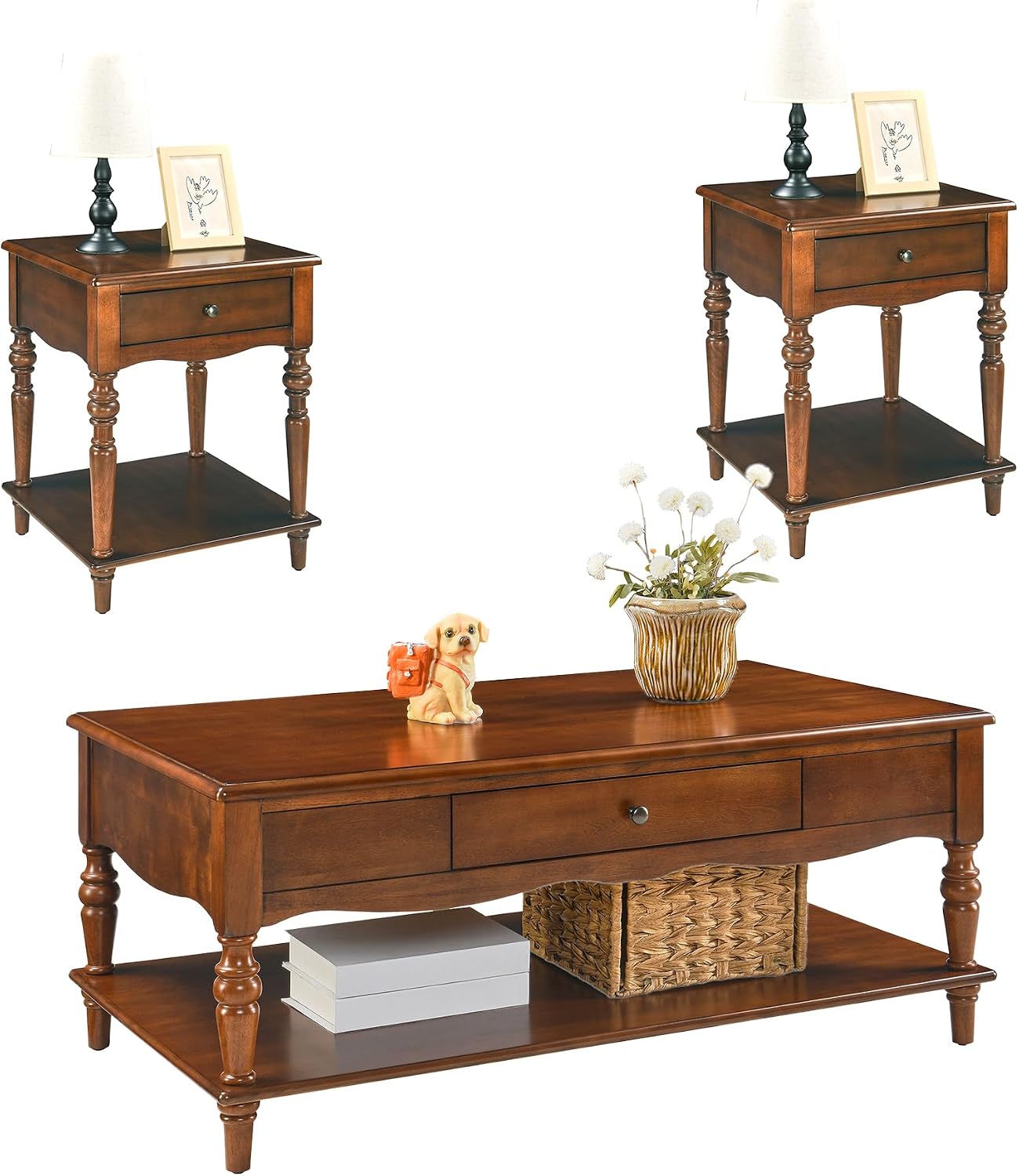 Living Room Table Set-One Rectangular Coffee Table and Two Square End Tables with Storage Drawer, Elegant Vintage Sofa Center Table with Wood Carved legs, No-Tools Assembly, Caramel Brown KFZ-BZ-C008