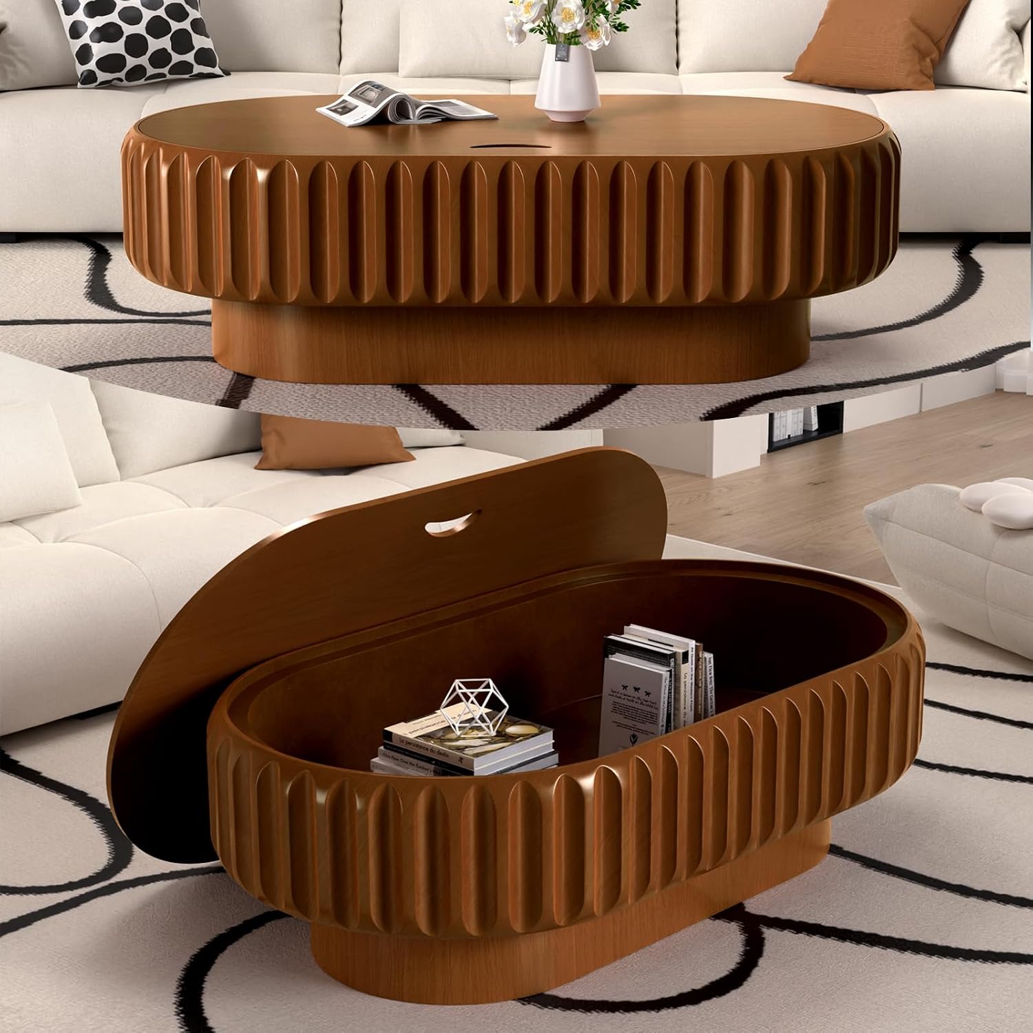 43.3' Oval Drum Coffee Table with Storage Rustic Chic Fluted Center Table - Handcraft Solid Wood Veneer Edge for Living Room Farmhouse (C 43.3in)