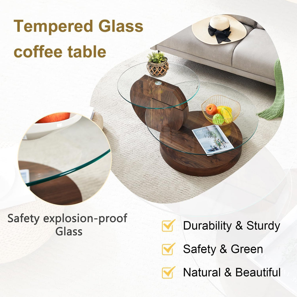 Glass Coffee Table, Modern Round Clear Coffee Tables for Living Room, 3-Tier Circle Tempered Coffee Table with Storage Wooden Side Table for Home Bedroom Balcony Yard (Walnut, 42 inch)