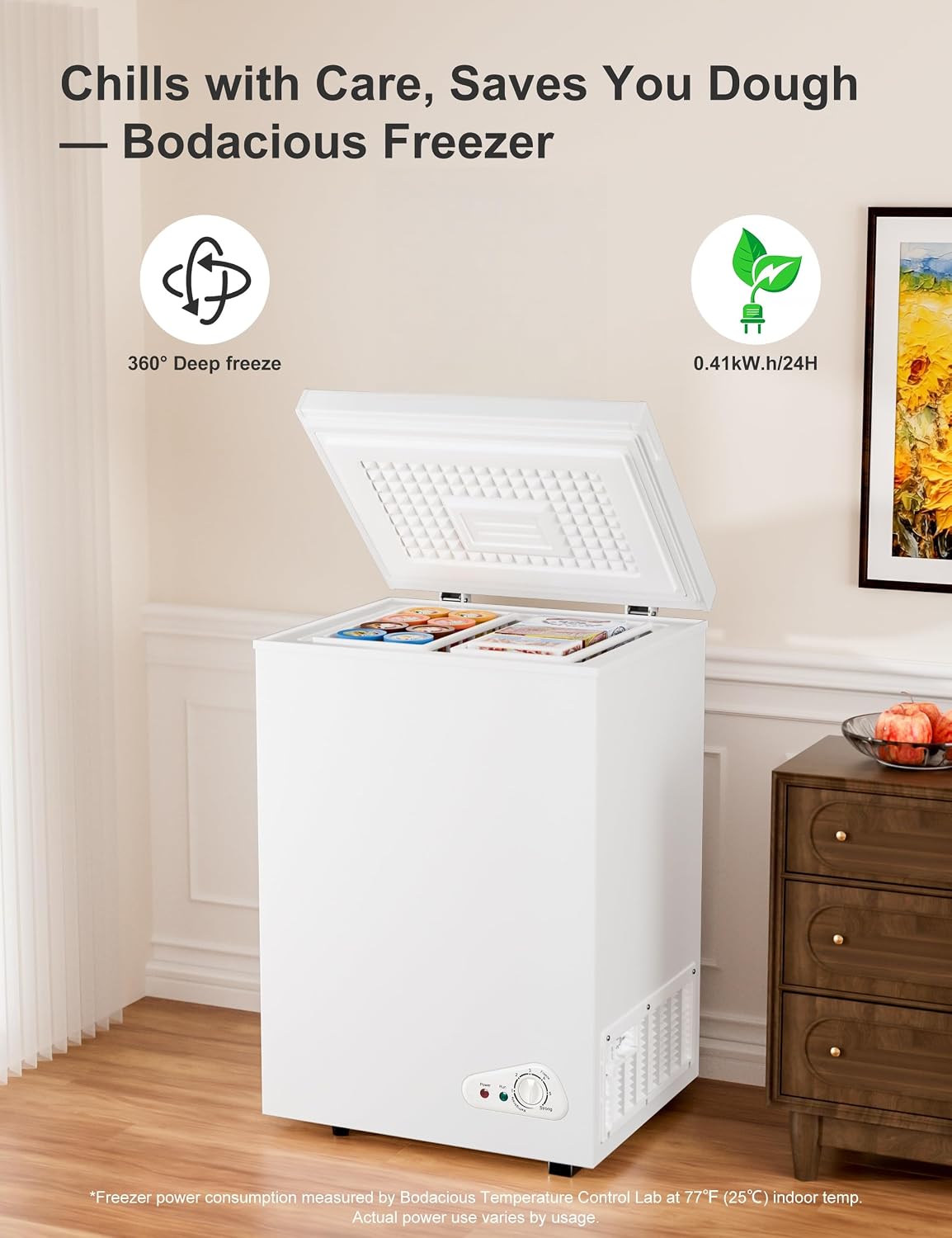 5.0 Cu.Ft Chest Deep Freezer with 2 Removable Baskets - Energy Efficient Ultra-Quiet and 6 Temp Manual Defrost - Free Standing Top Open Door for Home Garage Basement - White