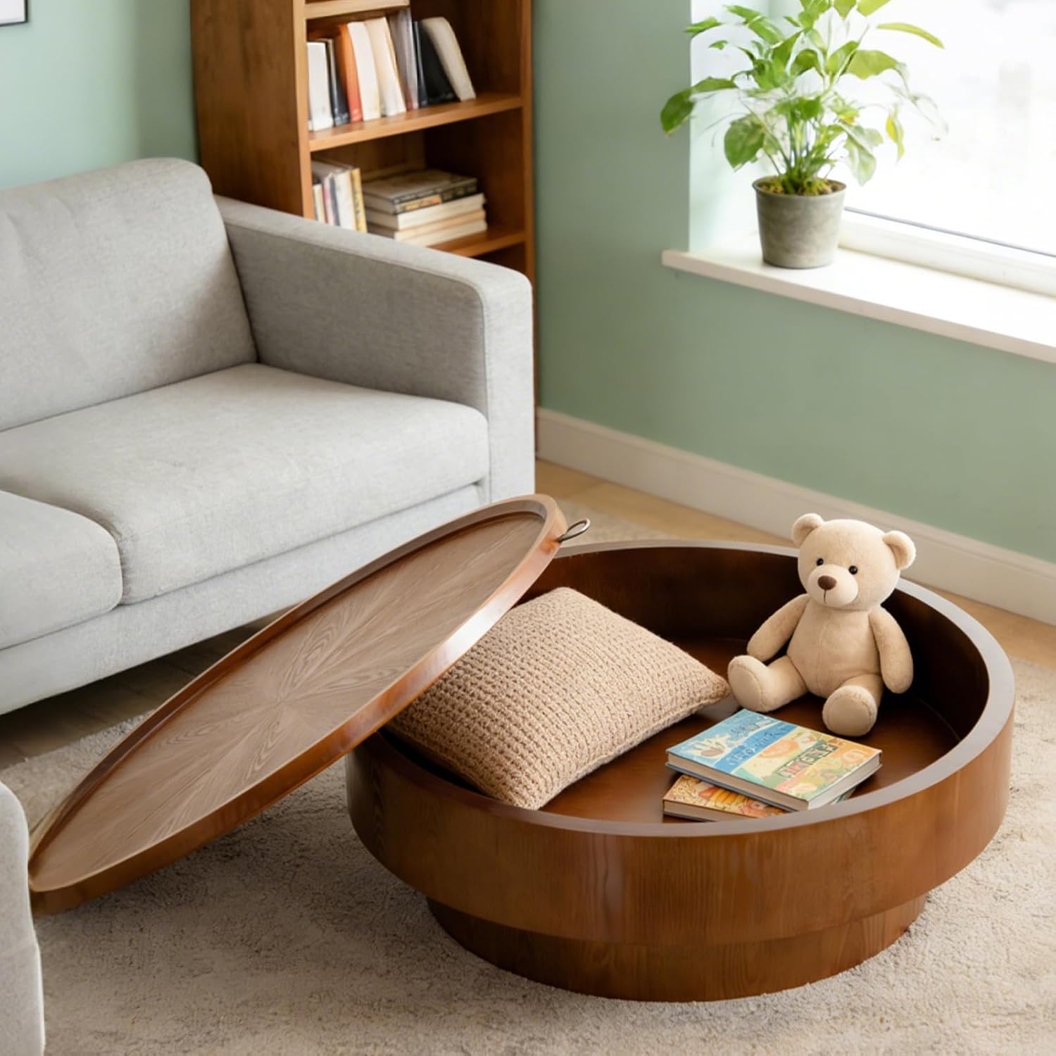 Round Wood Veneer Coffee Table with Storage, 39' Round Fluted Coffee Table with Flip-Top Lid Mid Century Modern Low Circle Drum Coffee Tables for Living Room (Brown A, 39 inch)