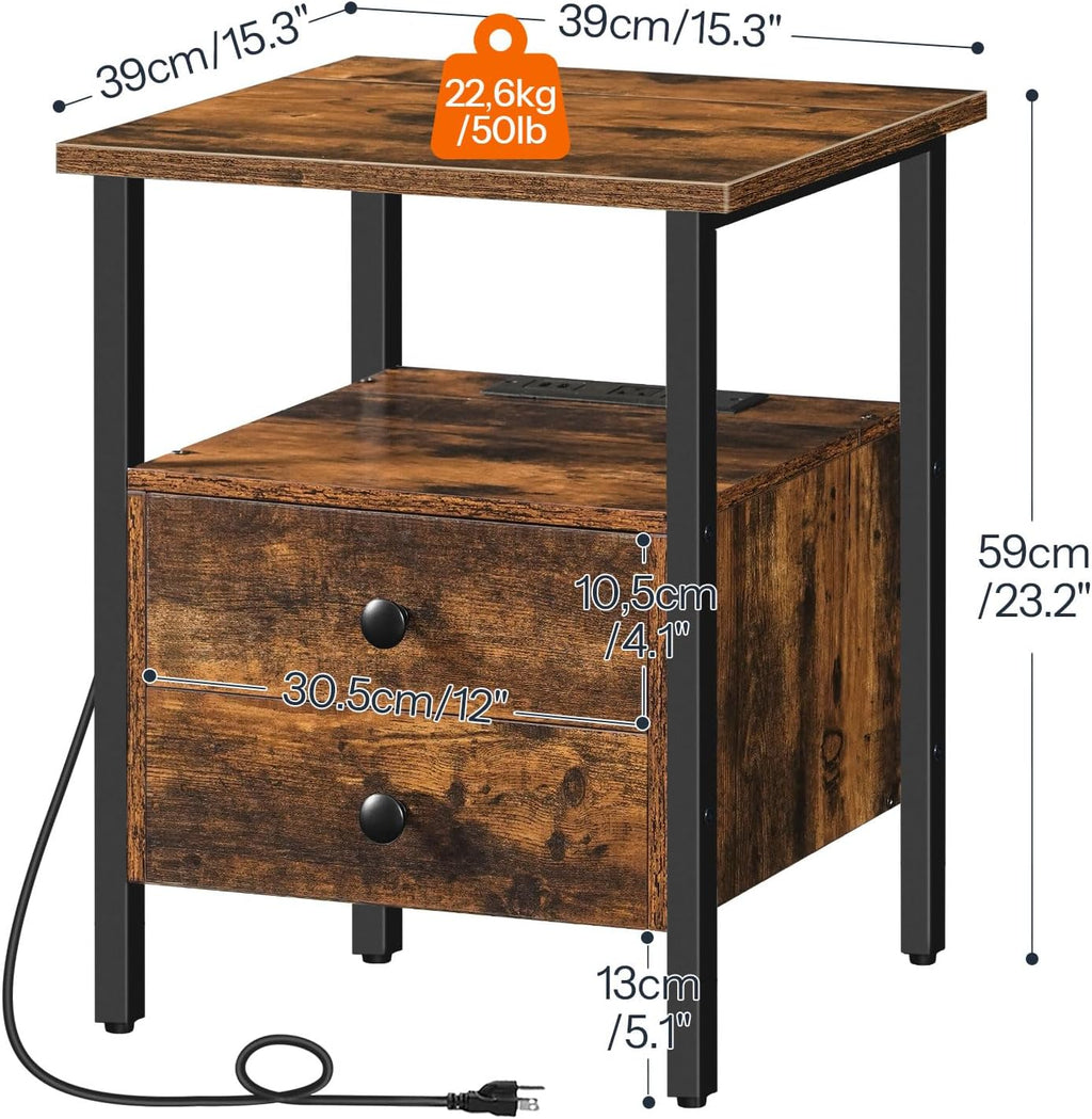 HOOBRO End Table Set of 2 with Charging Station, Bedside Table with 2 Drawer & USB Ports & Type-C Port, Nightstand for Small Spaces, Stable and Sturdy, for Living Room, Rustic Brown BF43UBZP201