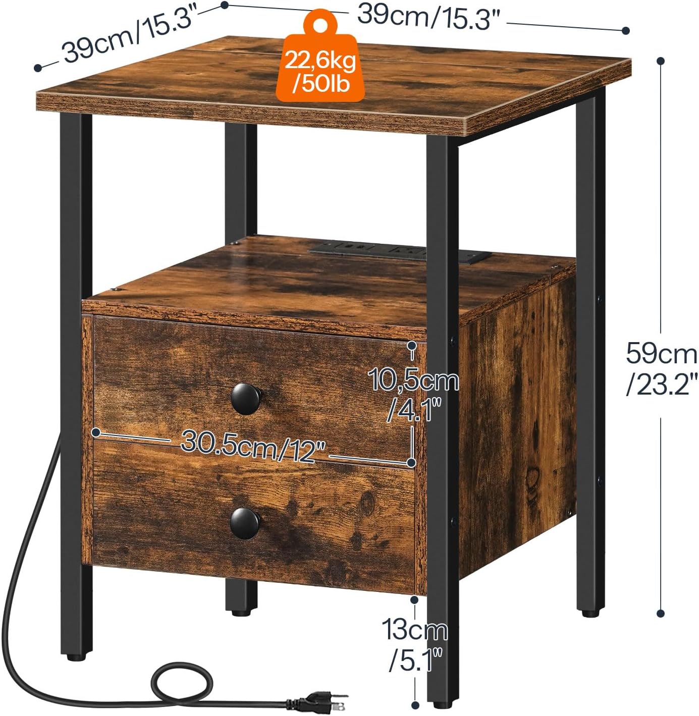 HOOBRO End Table Set of 2 with Charging Station, Bedside Table with 2 Drawer & USB Ports & Type-C Port, Nightstand for Small Spaces, Stable and Sturdy, for Living Room, Rustic Brown BF43UBZP201