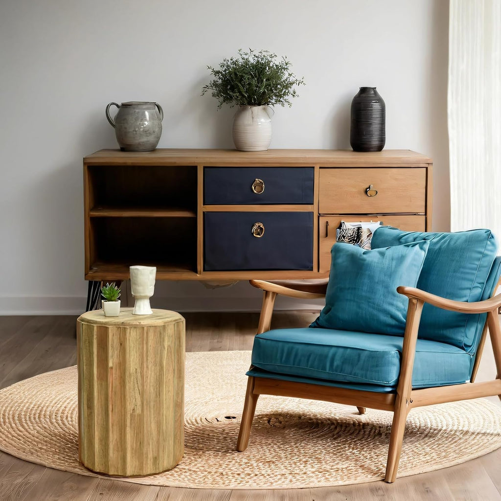 Round Side Table,Coffee Table with for Small Space,Fully Assembled End Table with Gold Geometric Design & Wave Pattern,Nightstand for Living Room,Bedroom,Office,18 Inch (Wavy Natural Wood)