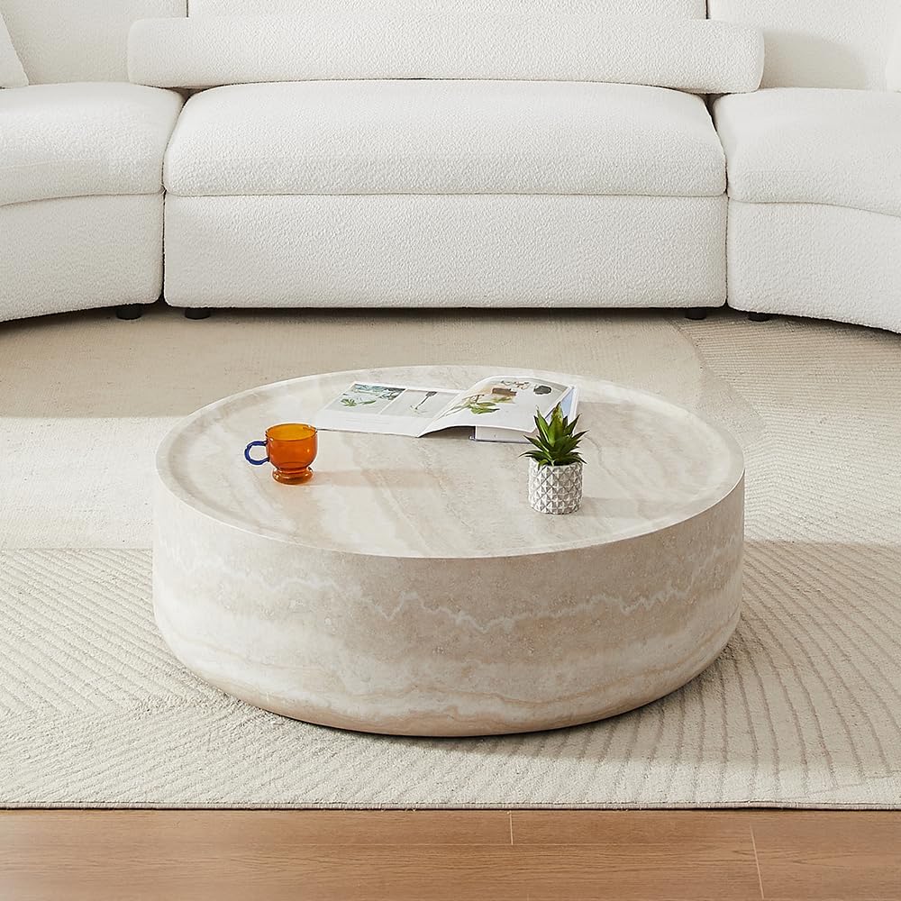 WILLIAMSPACE 31.49'' Round Coffee Table in Faux Marble, Modern Circle Fiberglass Drum Stone Center Table Side Table Tea Table for Living Room, No Need Assembly (Mars Pattern)