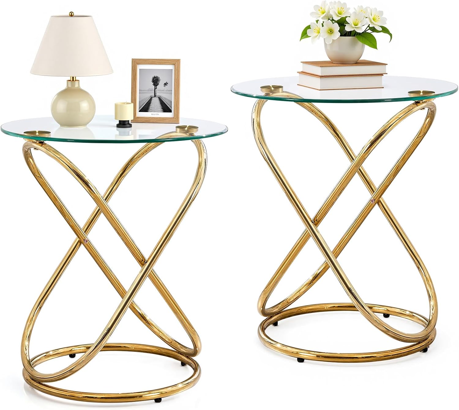 BECHAEO 19.7' Round Glass Gold Side Table Set of 2 with Gold-Plated Metal Ring-Shaped Frame for Living Room, Modern Round Glass End Table Nightstand for Bedroom, Small Side Table for Small Spaces