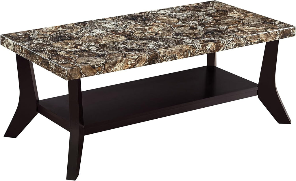 Faux Marble Coffee Table 3-Piece Set Rectangular Coffee Table with Two Matching End Tables MDF Wooden Base Built-in Storage Shelves Contemporary Brown for Living Room