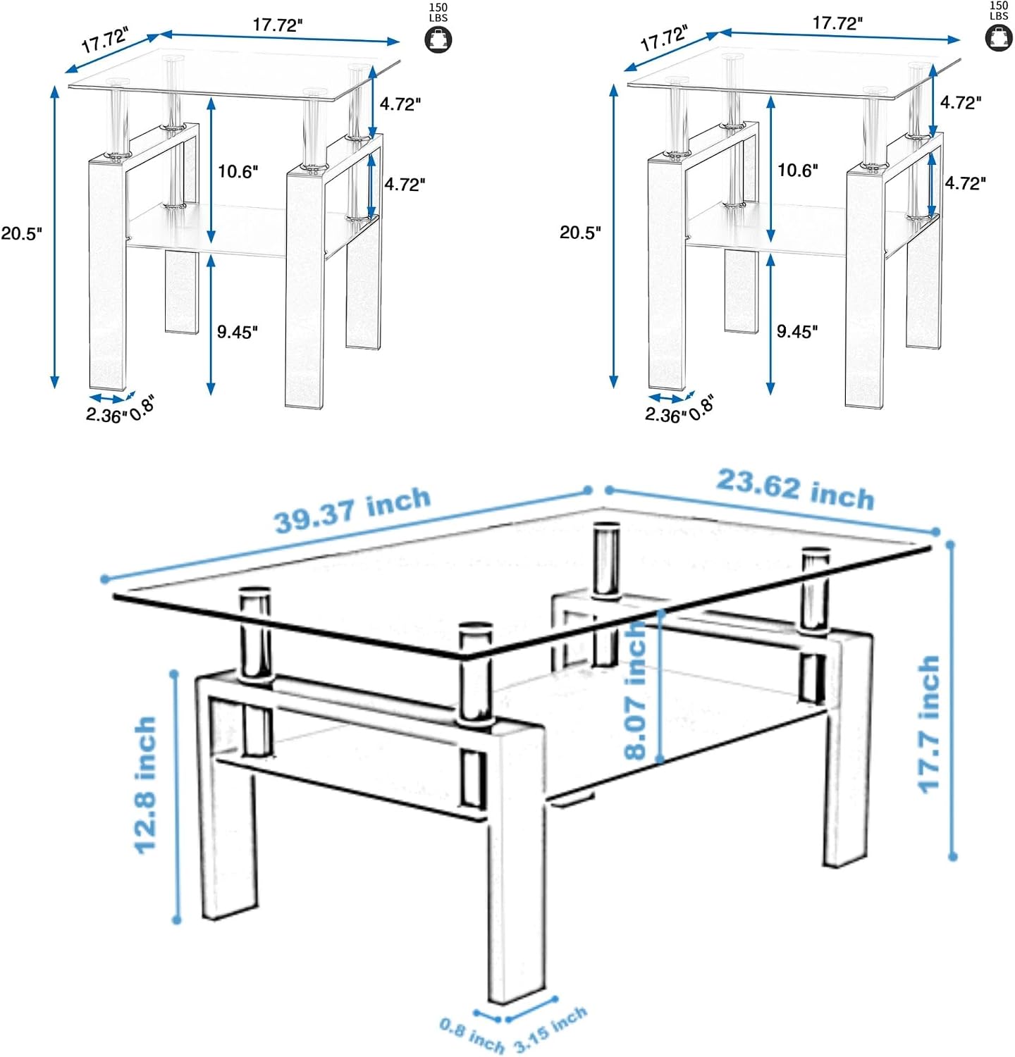 Glass Coffee Table Set of 3, 3-piece Living Room Tables with Tempered Glass and Metal Frame, Coffee and End Table Sets, White