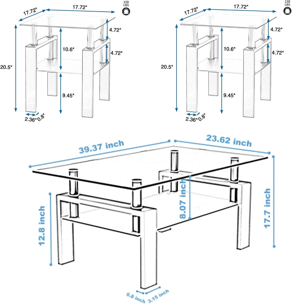 Glass Coffee Table Set of 3, 3-Piece Living Room Tables with Tempered Glass and Metal Frame, Coffee and End Table Sets, Black