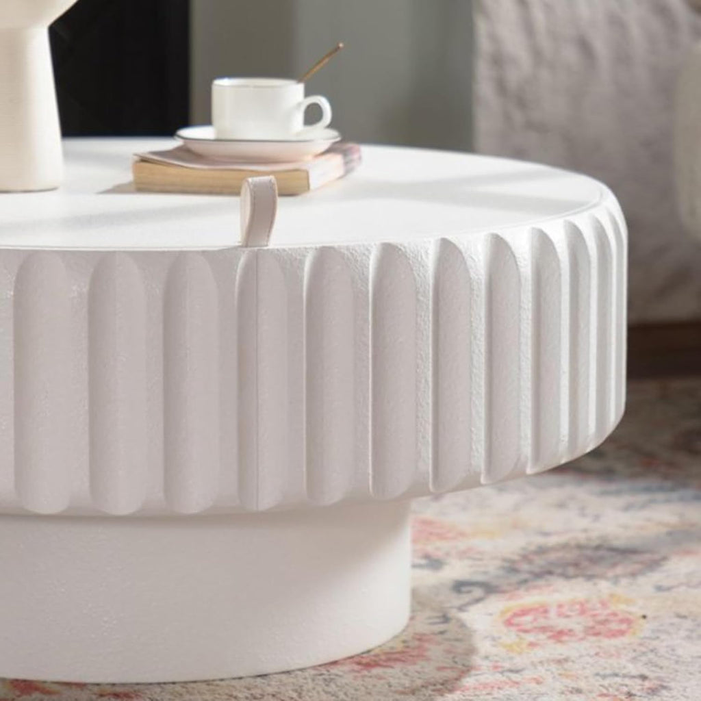 31.5' Round Coffee Table with Lift-top Storage Modern White Fluted Coffee Tables for Living Room Circle Drum Center Table Accent Cocktail Tea Living Room Tables for Apartment Home Office