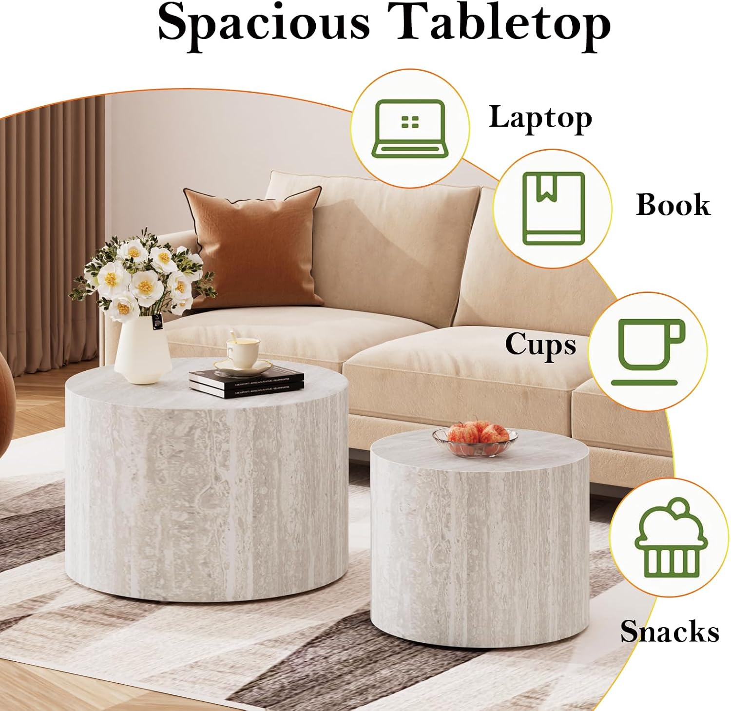 Round Nesting Coffee Table Modern Circular Small Nested End Table - Chic Wood Texture Veneer for Living Room Balcony Study (G 18.1+14.6in)