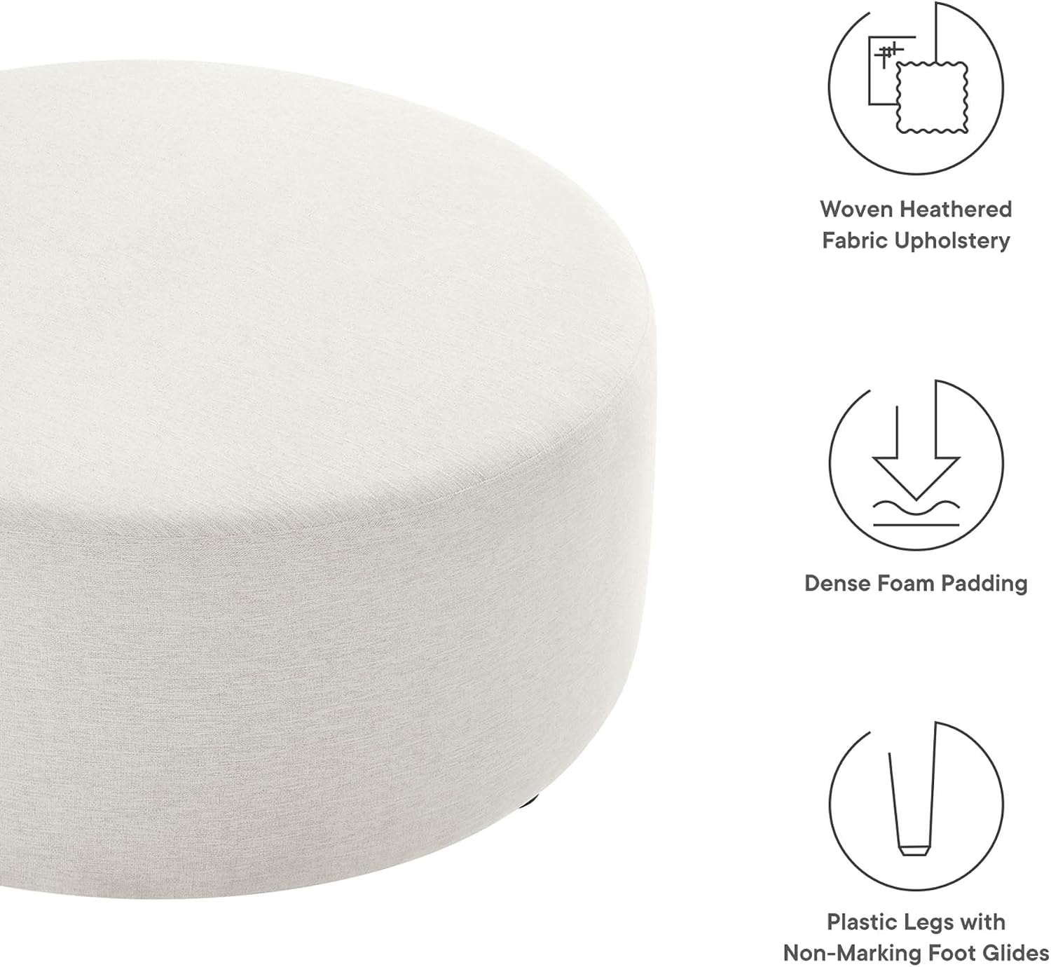 Modway Callum 38 Inch Round Ottoman in Ivory Fabric - Heathered Woven Fabric - Versatile Upholstered Coffee Table and Footrest - Couch Ottoman - Living Room Accent Table