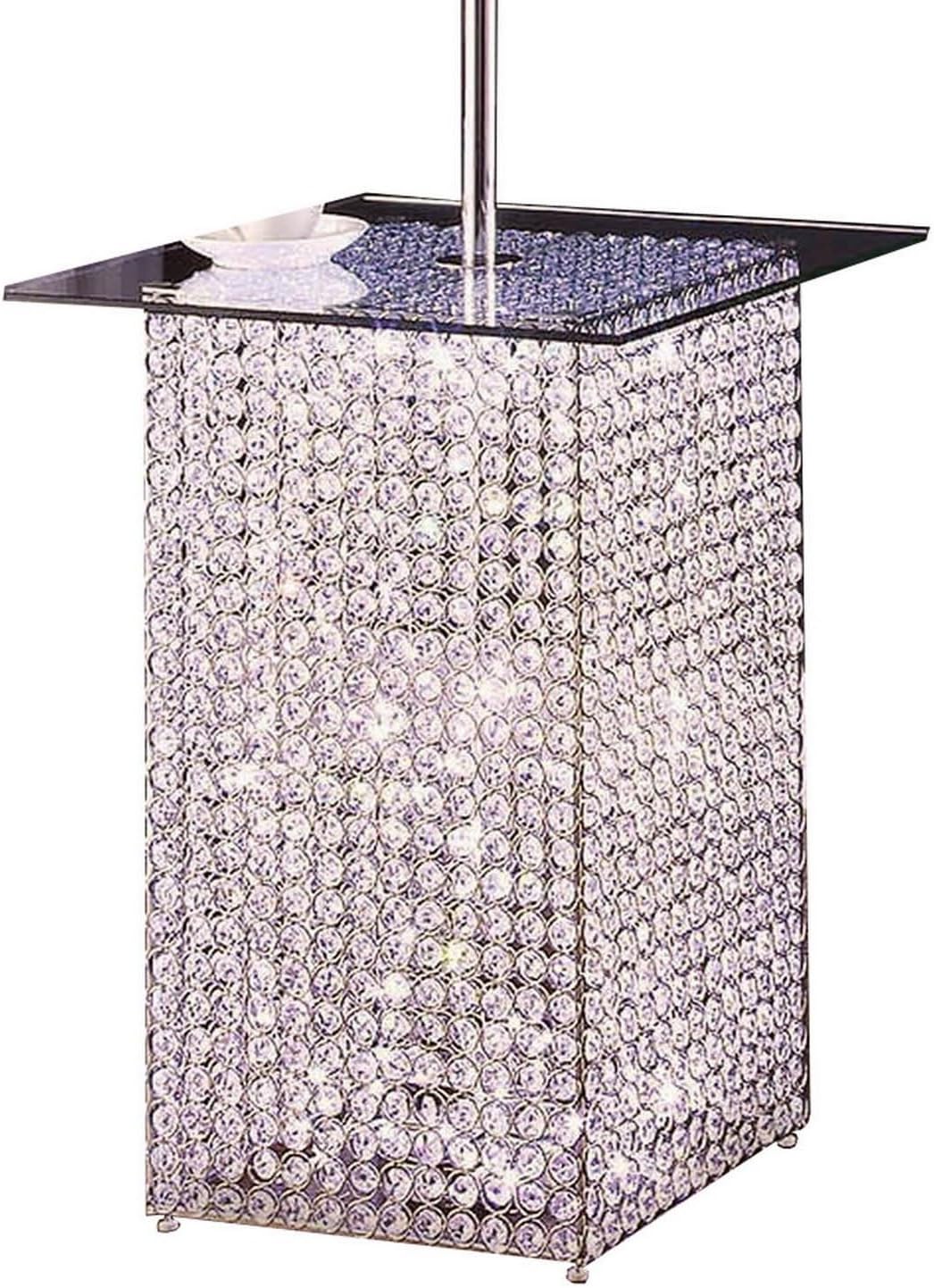 Benjara 59 Inch Floor Lamp with Glass Tabletop, Crystal Stand, Metal, White, Chrome and Clear