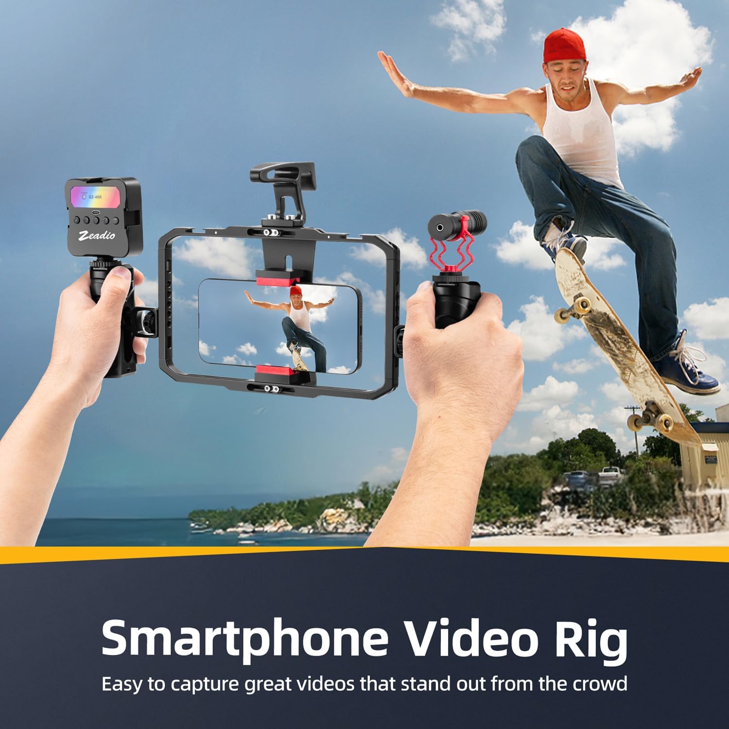 Zeadio All-in-One Phone Video Vlogging Kit, Versatile Video Cage with RGB Light, Mic, Arca Ball Head Tripod, Handheld Stabilizer for YouTube/TikTok/Live Streaming, Compatible with All Smartphones