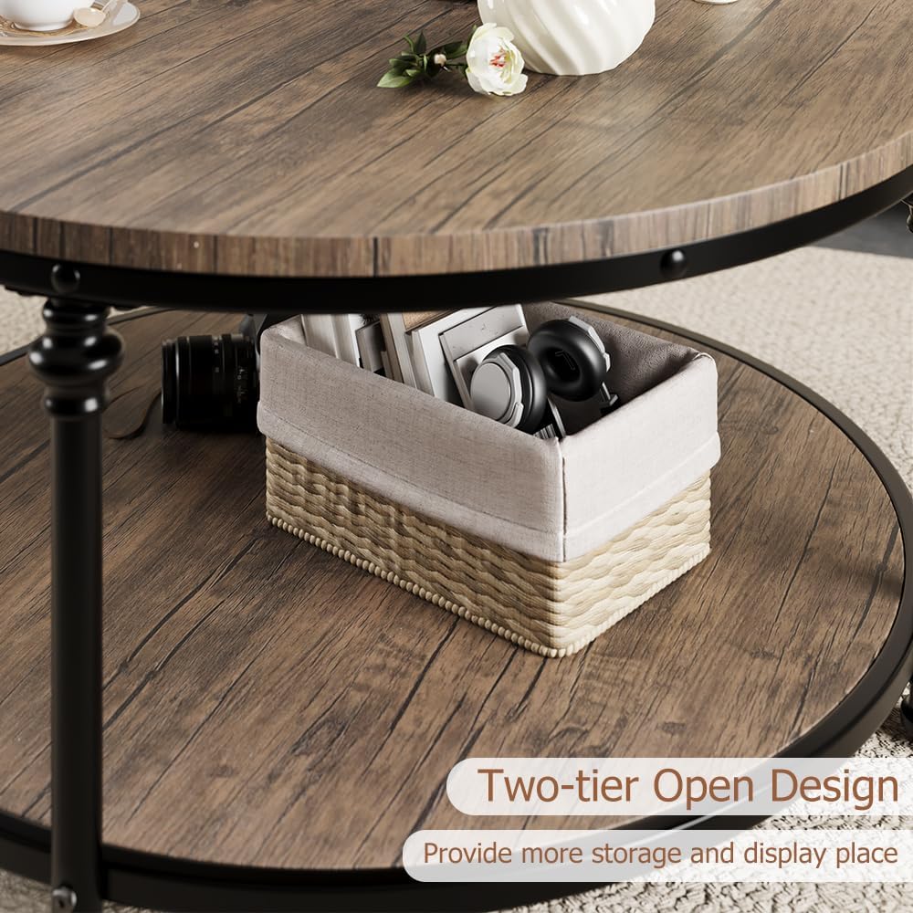 2-Tier Round Coffee Table with Storage Shelf, Rustic Wood and Metal Cocktail Table, Modern Industrial Center Table for Living Room, Apartment, Small Spaces