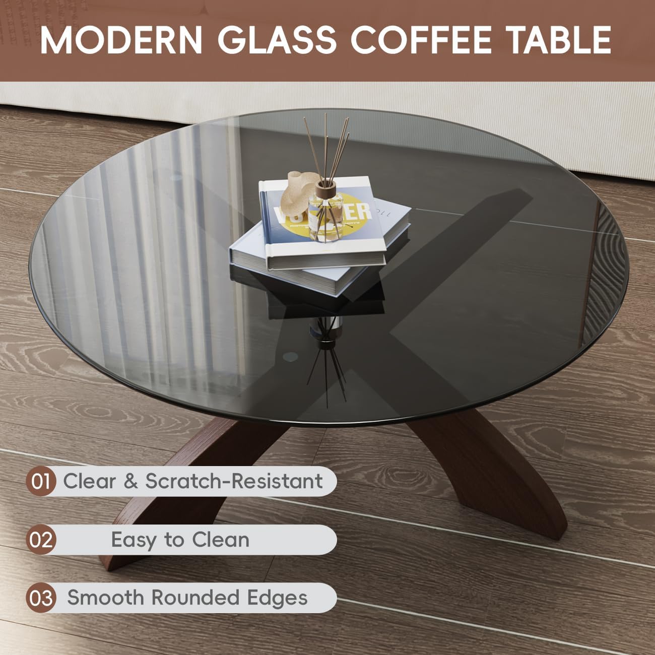 Honyee Glass Coffee Table, 30.7' Round Coffee Table with Tempered Glass Top, Walnut Wood X-Shaped Base, Stable Modern Center Table for Living Room, Apartment and Small Spaces