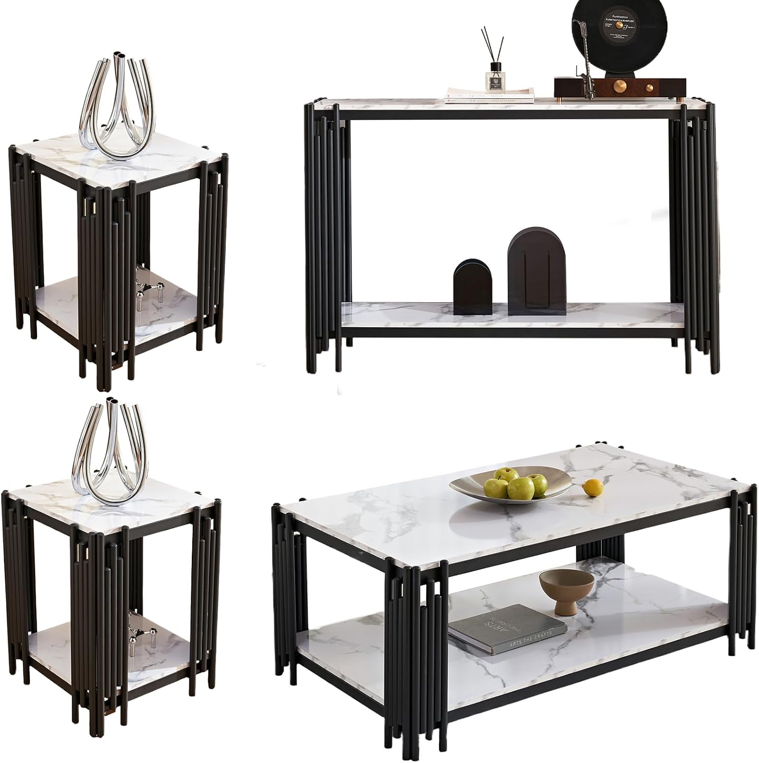 Elegant Marble Coffee Table Set of 4 White Faux Marble Coffee Table Console Table 2 End Table Set with Black Metal Frame 4 Piece Living Room Table Set for Apartment Home Office