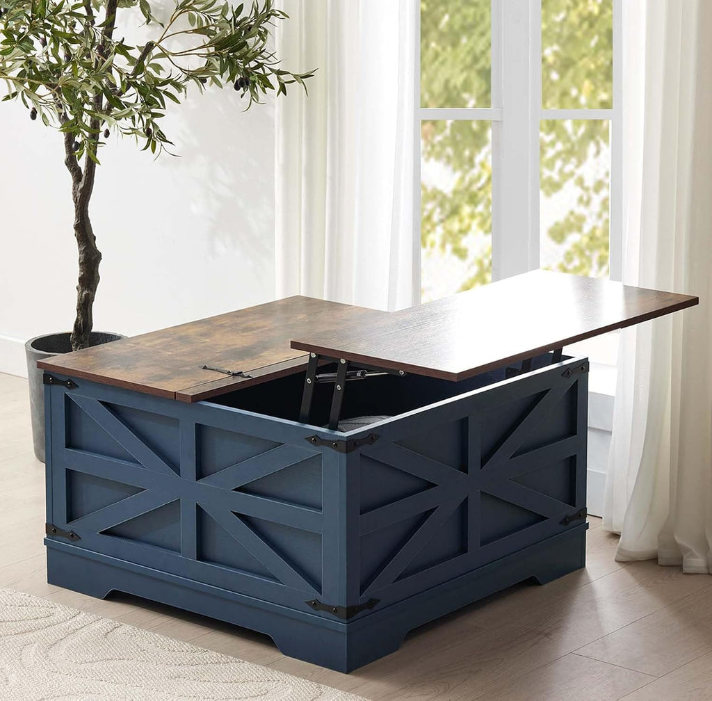 Farmhouse Nightstand with Charging Station Set of 2, Side Table with Barn Door and Storage, Rustic Wood Bedside Table, End Table for Living Room and Bedroom, Blue