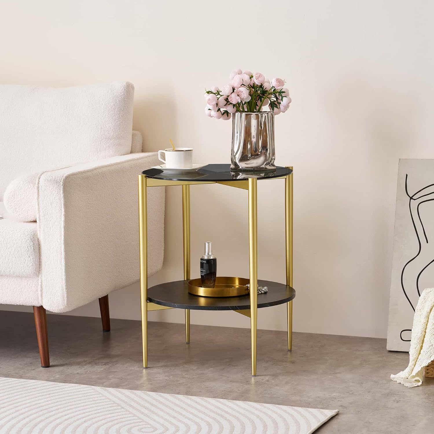 LumFurn Round Glass End Table, Mid-Century Modern Design Sofa Table for Living Room, D18 x H23 in, 2-Tier Structure, Grey Glass Top and Black Marble Shelf, Sleek Conical Legs with Gold Finish Frame