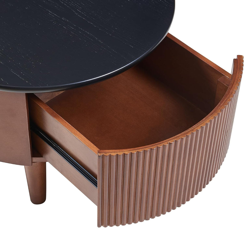 31.5' Vintage Round Nesting Coffee Table Fluted with Drawer,Black & Walnut