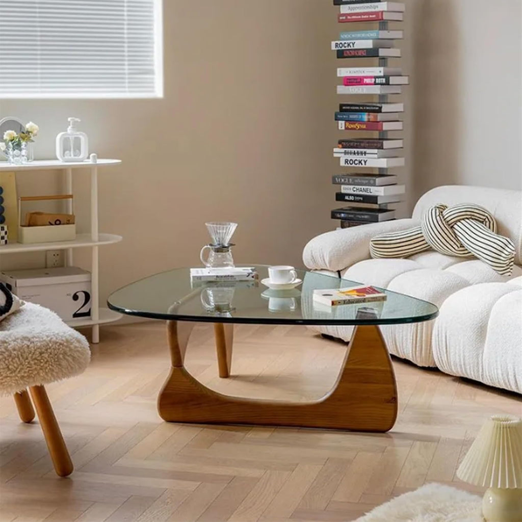 EASYSOUL Modern Glass Coffee Table, 32.68' D x 22.44' W x 15.75' H, Abstract Round Tea Tables for Living Room Home Office Industrial Cocktail Tables (Walnut-Clear Glass, 32.68')