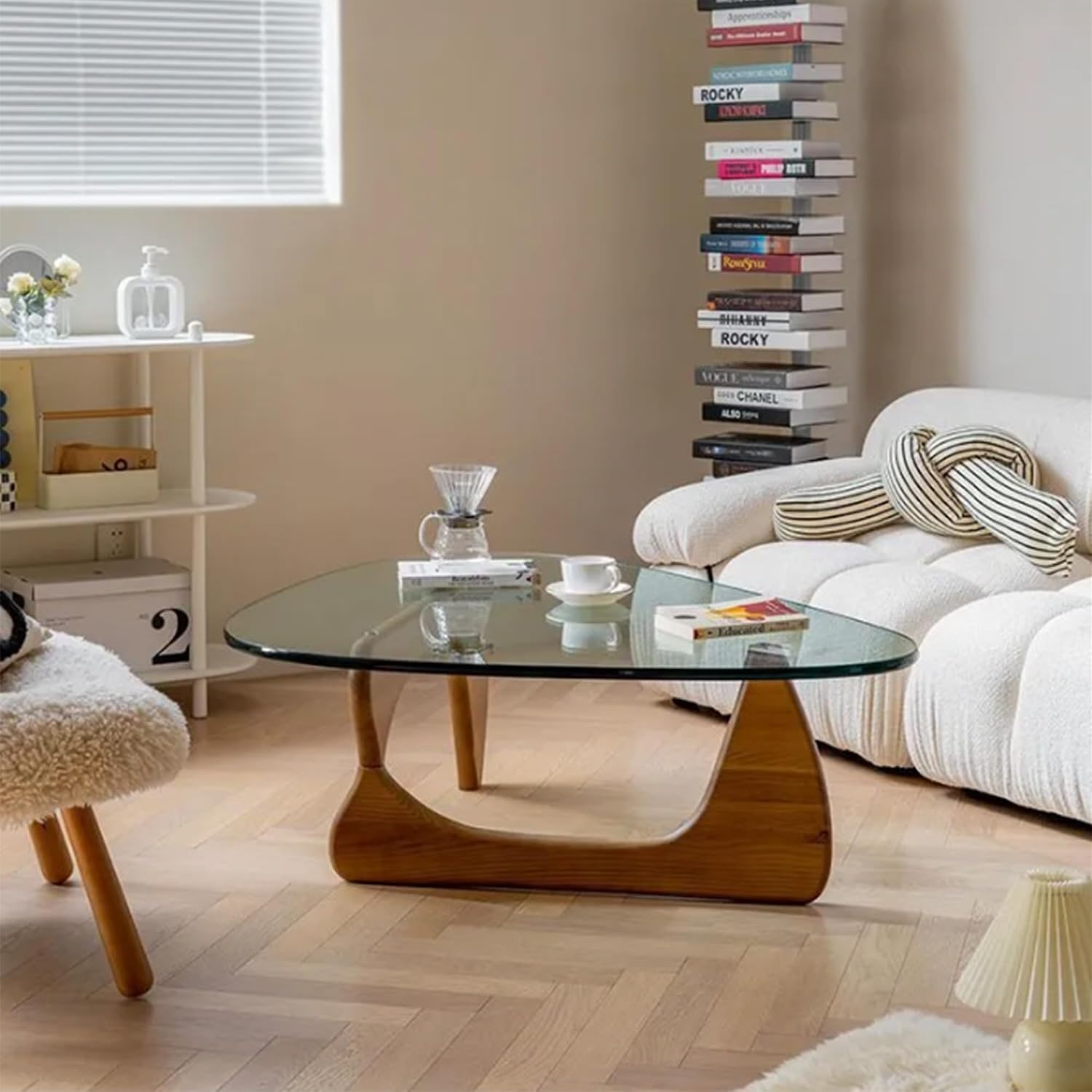 EASYSOUL Modern Glass Coffee Table, 32.68' D x 22.44' W x 15.75' H, Abstract Round Tea Tables for Living Room Home Office Industrial Cocktail Tables (Walnut-Clear Glass, 32.68')