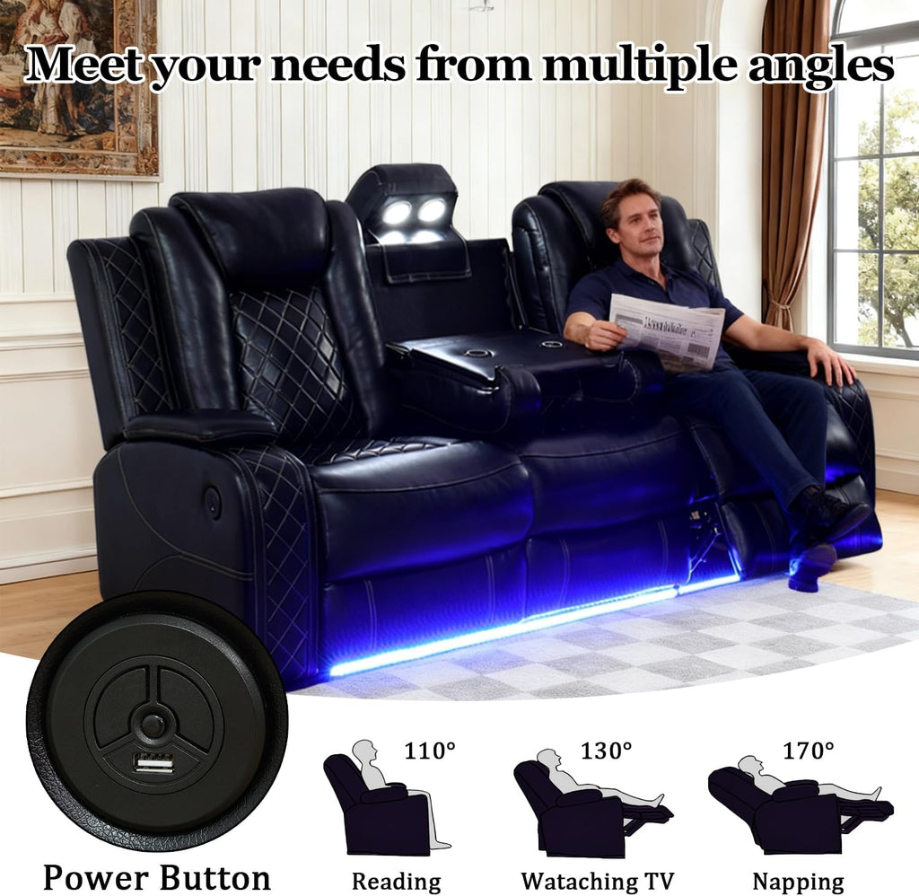 Power Leather Recliner Sofa with LED Lights, Power Reclining Couch,Leather Sofa with Coffee Table/Arm Storage for Living Room/Home Theater(Black,3 Seater)