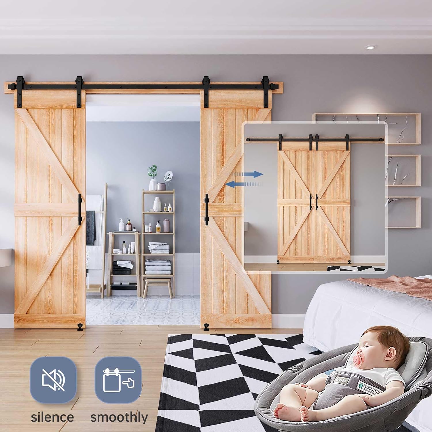 EaseLife 8 FT Double Sliding Barn Door Track and Handle Hardware Kit,Basic J Pulley,Slide Smoothly Quietly,Easy Install (8FT Track Kit for 20'~24' Wide Double Door)