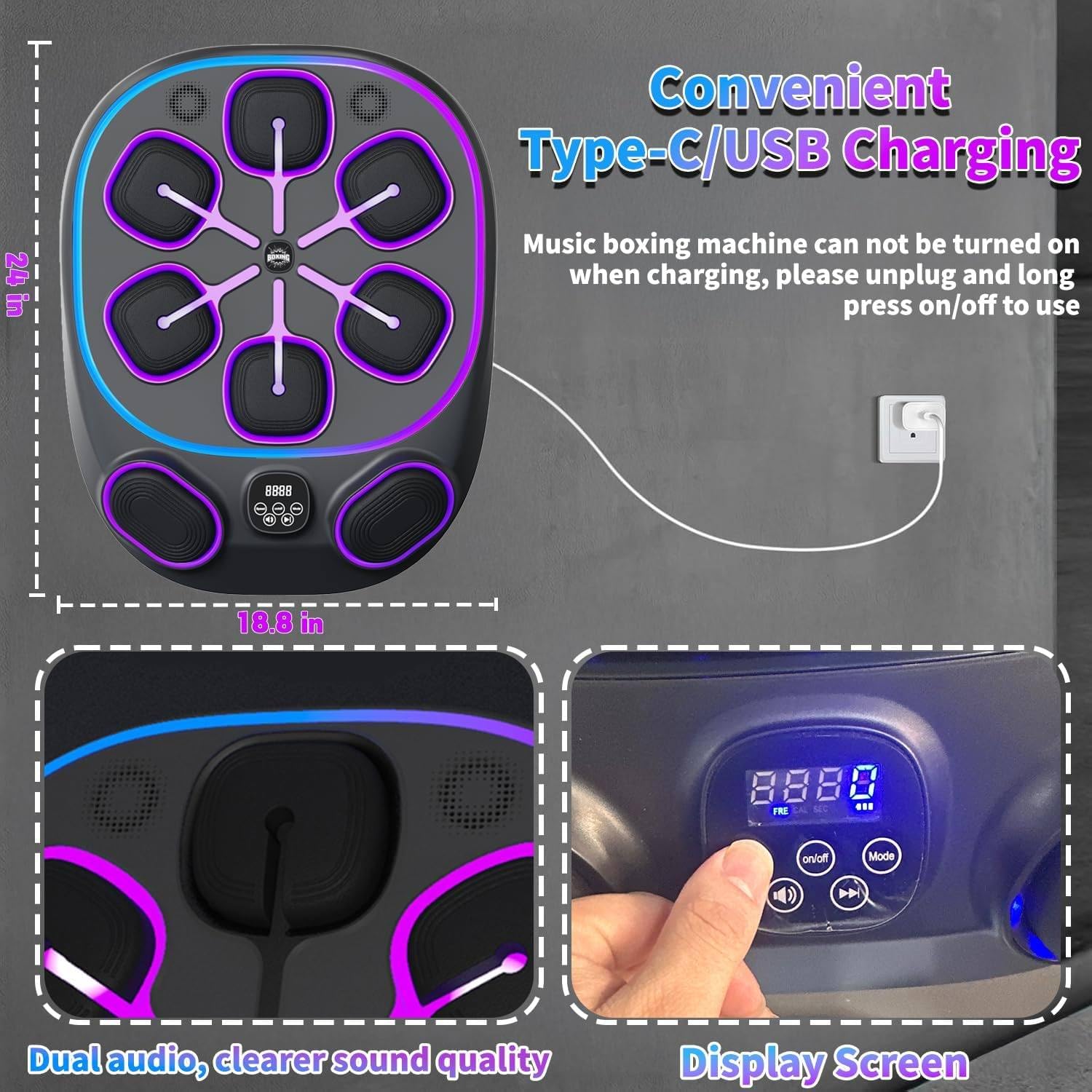 Wall-Mounted Smart Boxing Machine with 9 Training Modes, 9 Speed Levels & LED Display for Real-Time Tracking - Music Sync Technology for Cardio & Strength Workouts,Halfgloves