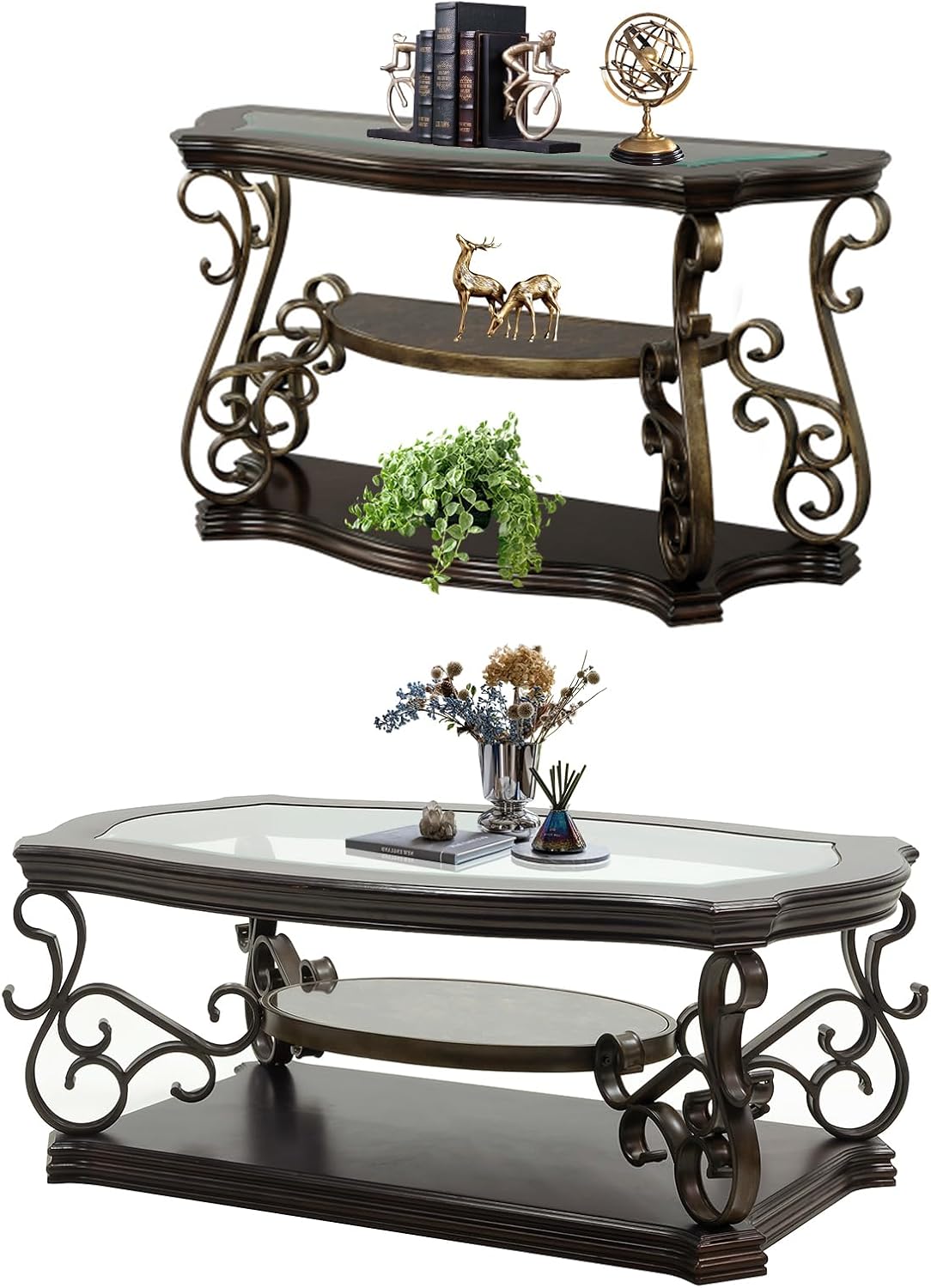 2 Piece Retro Coffee Table Set, Mid Century Modern Living Room Table Set, Traditional 3-Tier Coffee Table and Console Table with Tempered Glass Top & Storage Shelf for Living Room Home Office