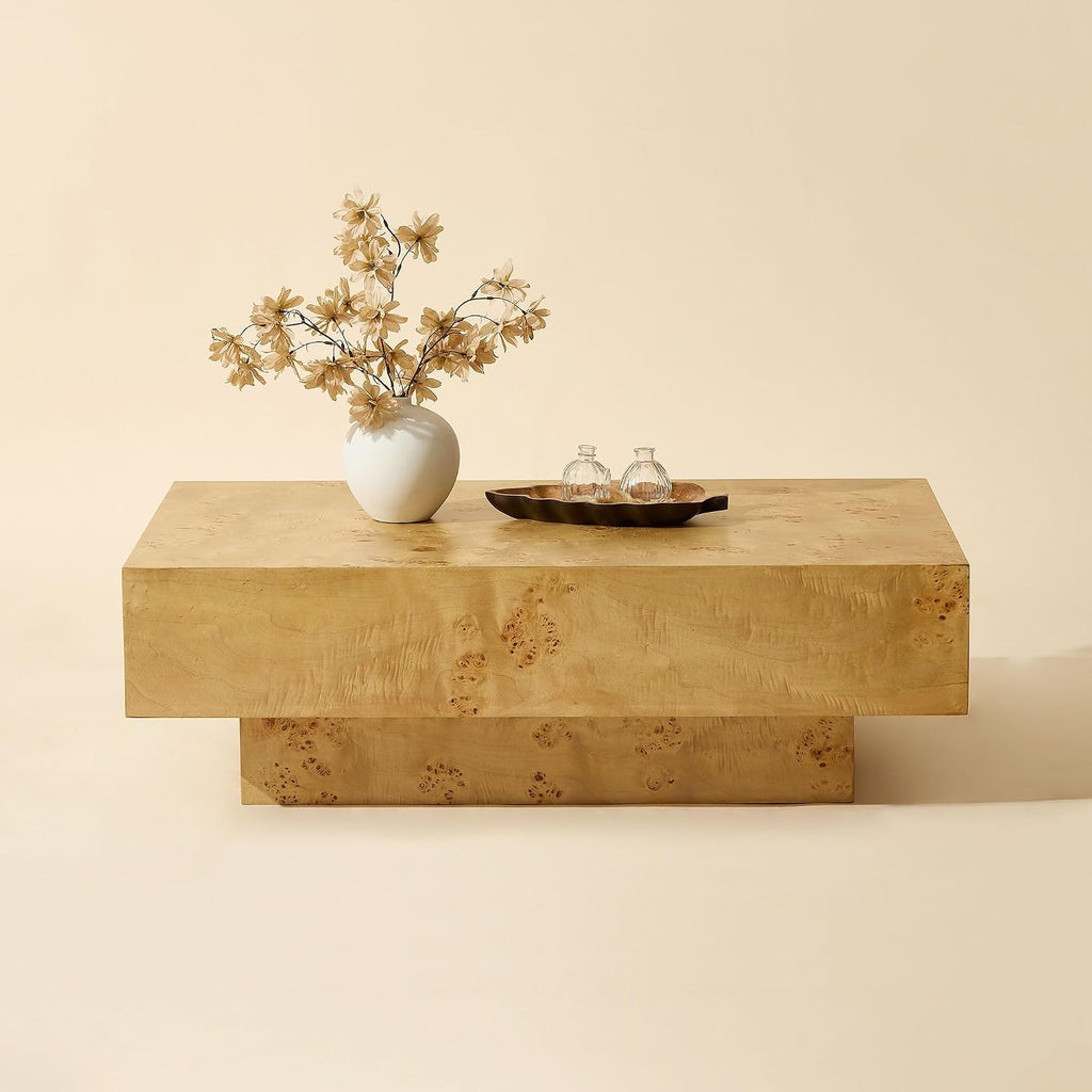 WILLIAMSPACE 43.31' Rectangle Coffee Table with Burl Wood Veneer & Sturdy Base, Modern Luxury Wood Drum Center Table Accent Side End Table for Living Room Apartment, Natural