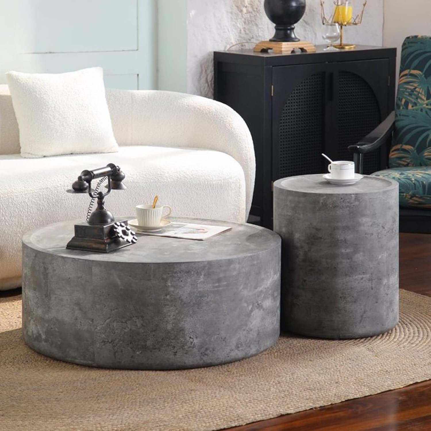 Modern Drum Coffee Table Faux Stone Finish Wood Coffee Tables Concrete Gray Round Center Table for Living Room Home Office,31.5'- Fully Assembled