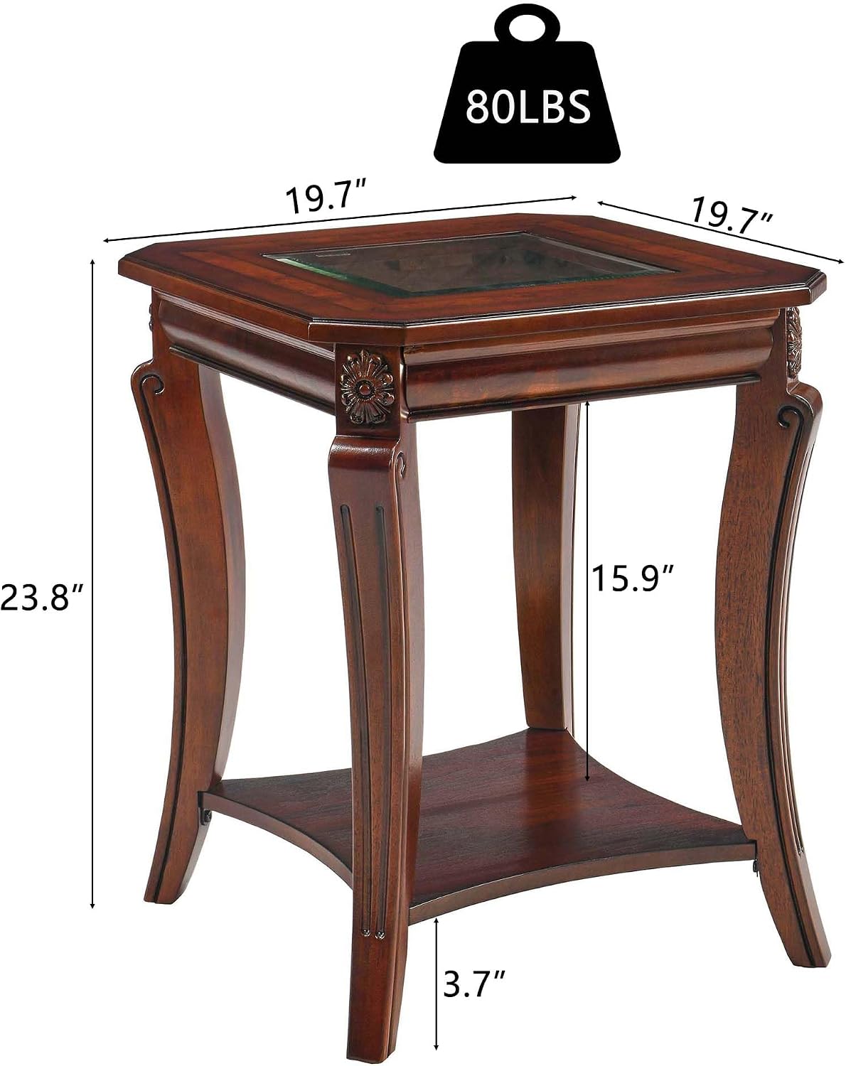 LEEMTORIG Coffee Table Set of 3 for Living Room, 3 Piece Glass Top Coffee Table and End Tables Set, Solid Wood Queen Anne Style 2-Tier Tables with Storage, Cherry Walnut KFZCJZ-A1168-GT