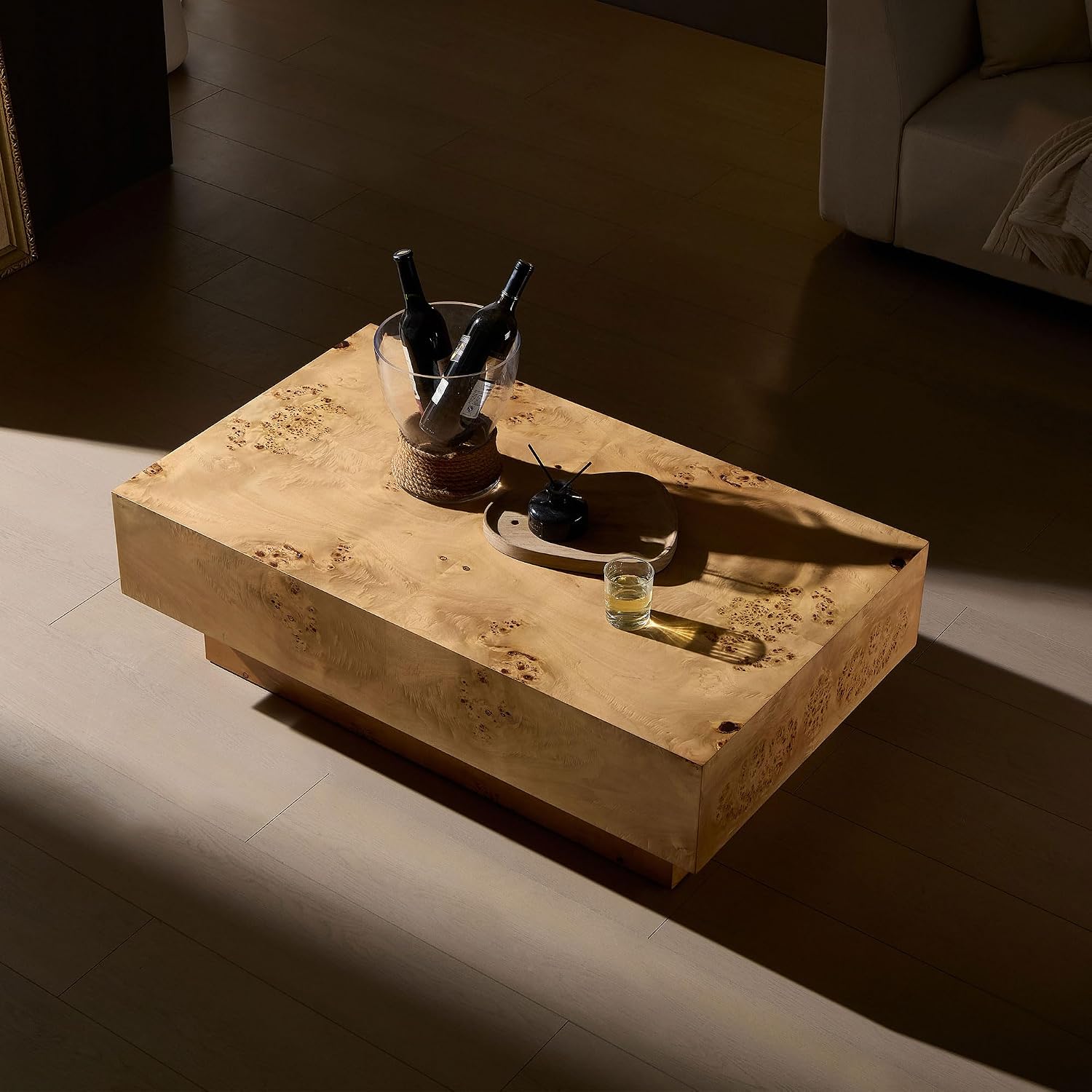 WILLIAMSPACE 43.31' Rectangle Coffee Table with Burl Wood Veneer & Sturdy Base, Modern Luxury Wood Drum Center Table End Table Accent Side Table for Living Room, Minimalist Fluted Design, Oak