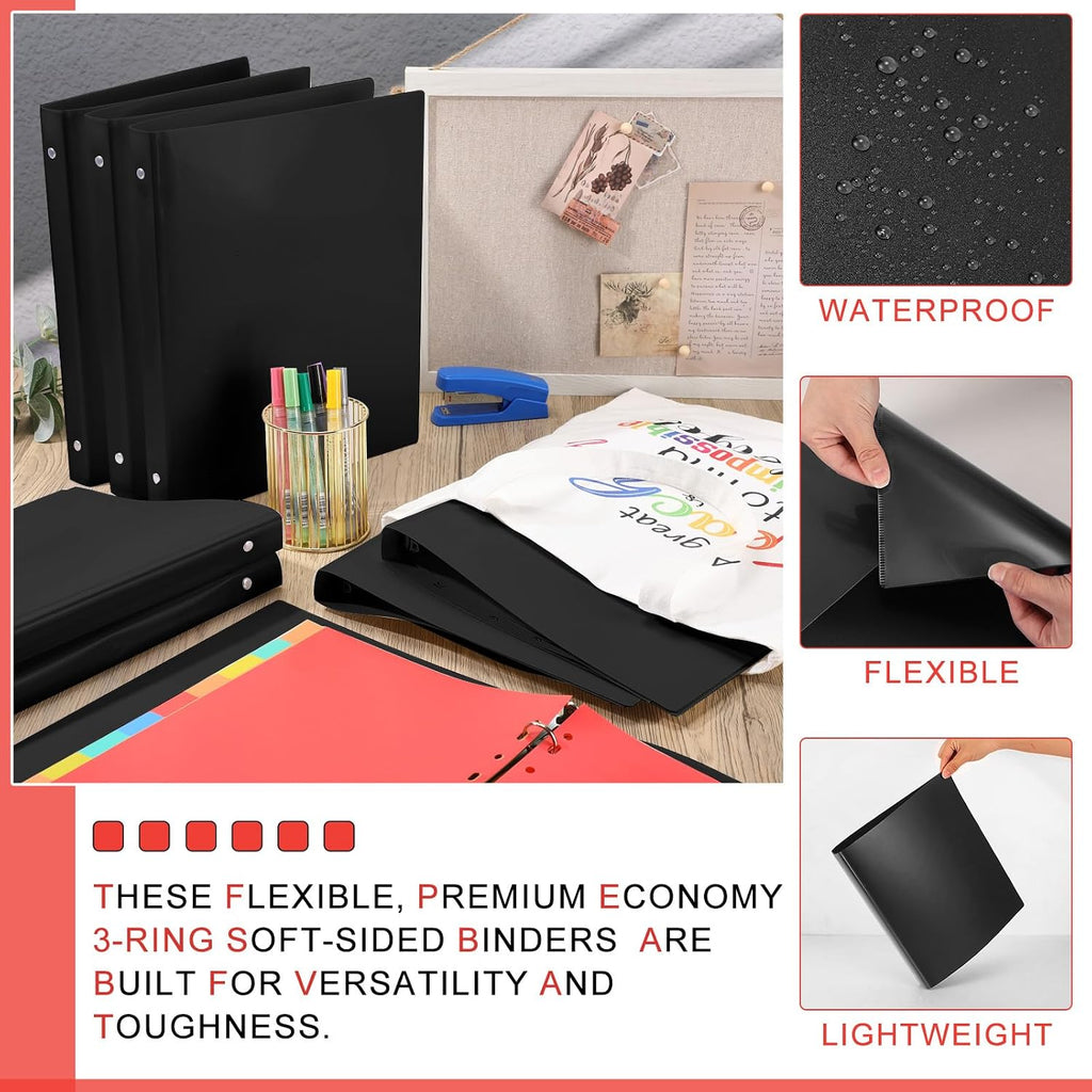 Fulmoon 100 Pcs 3 Ring Binders 1 Inch, Plastic Flexible Binders in Bulk with 2 Interior Pockets,Hold 175 Sheets with Clear Cover for Office, Home, and School(Black)