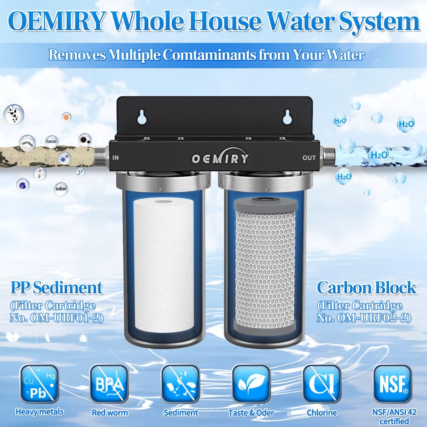 Whole House Water Filter, Stainless Steel Filter Housing, 2-Stage 10'x4.5' Sediment Carbon Filter Pre-Filtration System for Well or City Water, 1' or 3/4' NPT Port, 2 Filters