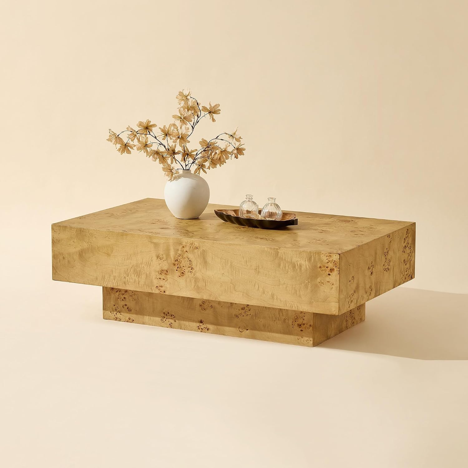 WILLIAMSPACE 43.31' Rectangle Coffee Table with Burl Wood Veneer & Sturdy Base, Modern Luxury Wood Drum Center Table Accent Side End Table for Living Room Apartment, Natural
