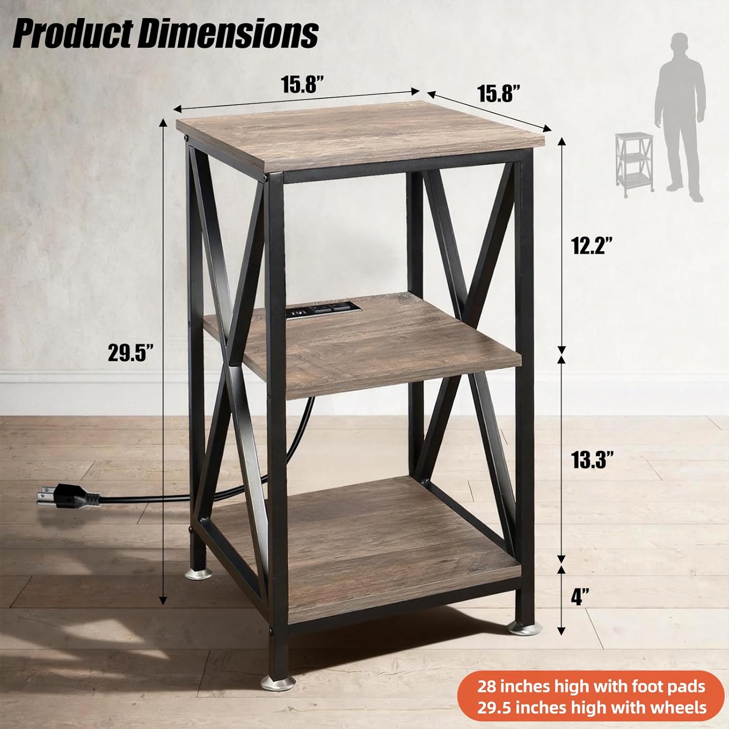 End Tables Living Room Set of 2, Square End Table with Charging Station, 16' D X 16' W X 28' H, Wood and Metal Table with USB Ports and Outlets, Side Table with Wheels for Living Room, Bedroom, Grey