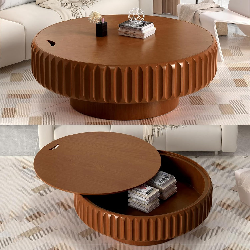 39.37' Round Drum Coffee Table with Storage Rustic Chic Fluted Center Table - Handcraft Solid Wood Veneer Edge for Living Room Farmhouse (A 39.37in)