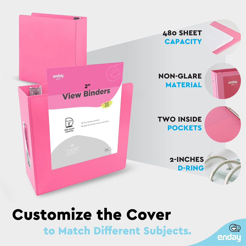 Enday 2 inch 3 Ring Binder (24 Pack - Pink) Binder 2 inch with Clear View Cover and 2 Inside Pocket - for Letter Size 8.5 x 11'' Paper, Ideal for School Supplies, Office, and Home
